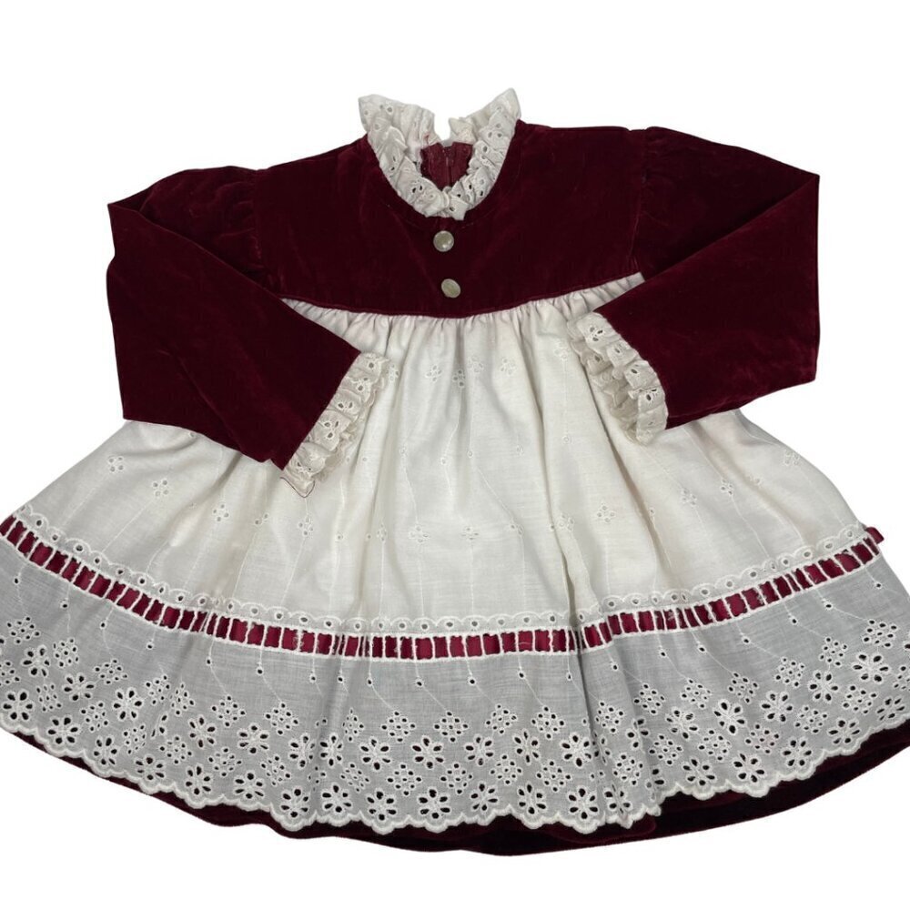 Vintage R-Gee Baby Maroon Velvet and White Eyelet Lace Christmas Dress Size 12M
